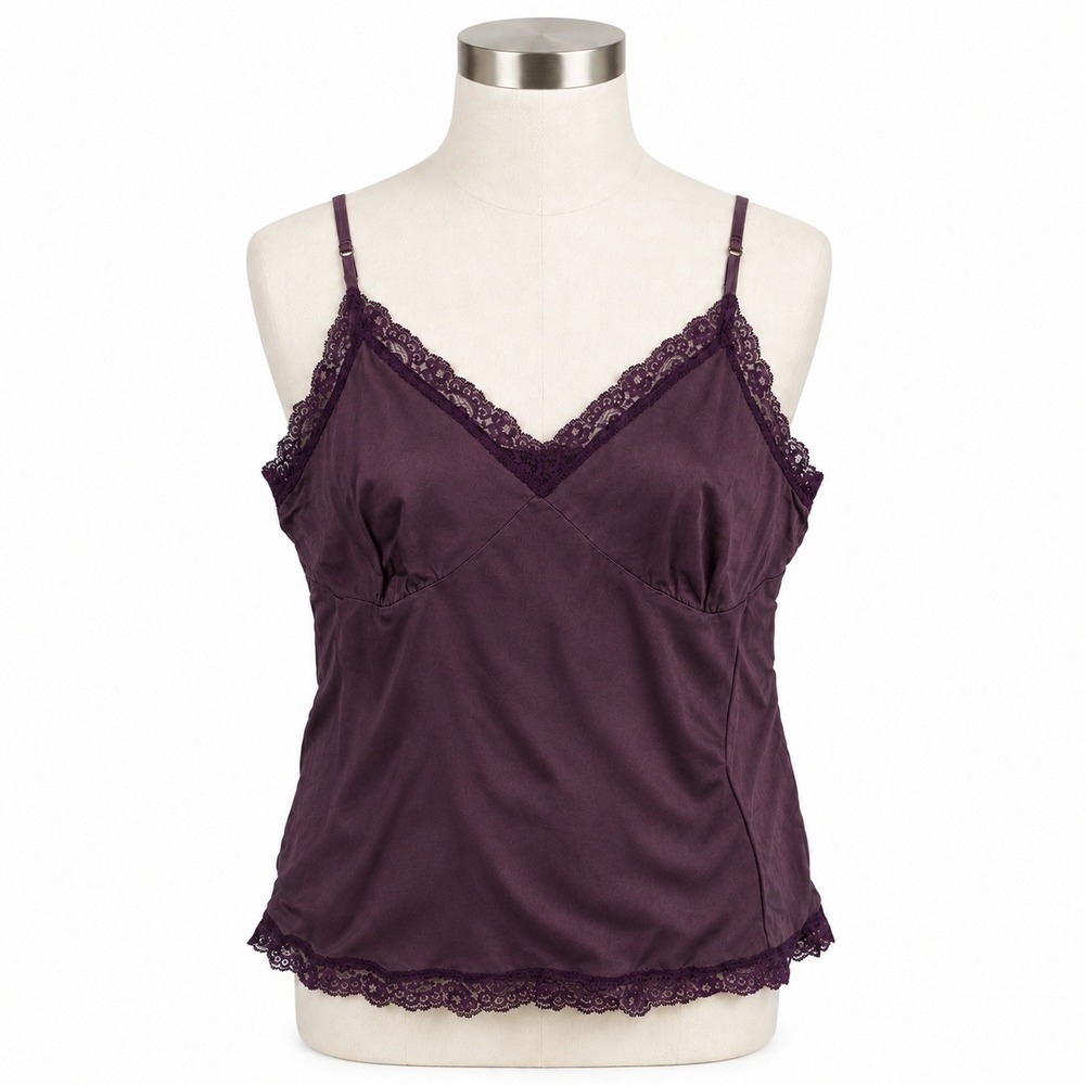 Daisy Fuentes PXL Babydoll Camisole Top Plum Silk Lace Trim V-Neck Cami Coquette